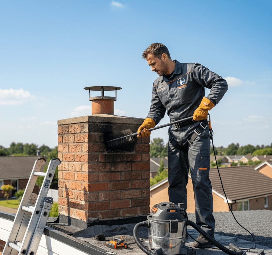Professional chimney sweep technician cleaning a brick chimney on a rooftop in Dallas